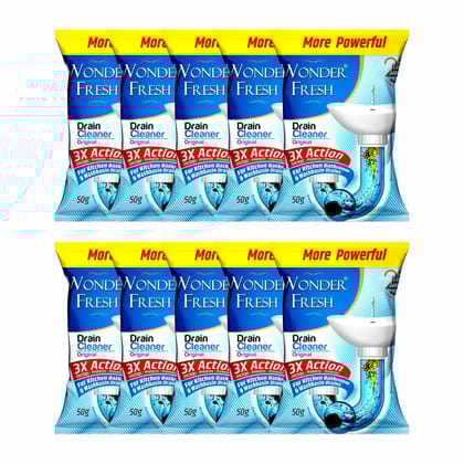 Wonder Fresh Drain Cleaner Removes Clogs And Blockages In Washbasin, Sinks, Pipes Within 30 Minutes, 50G Pouch, Pack Of 10