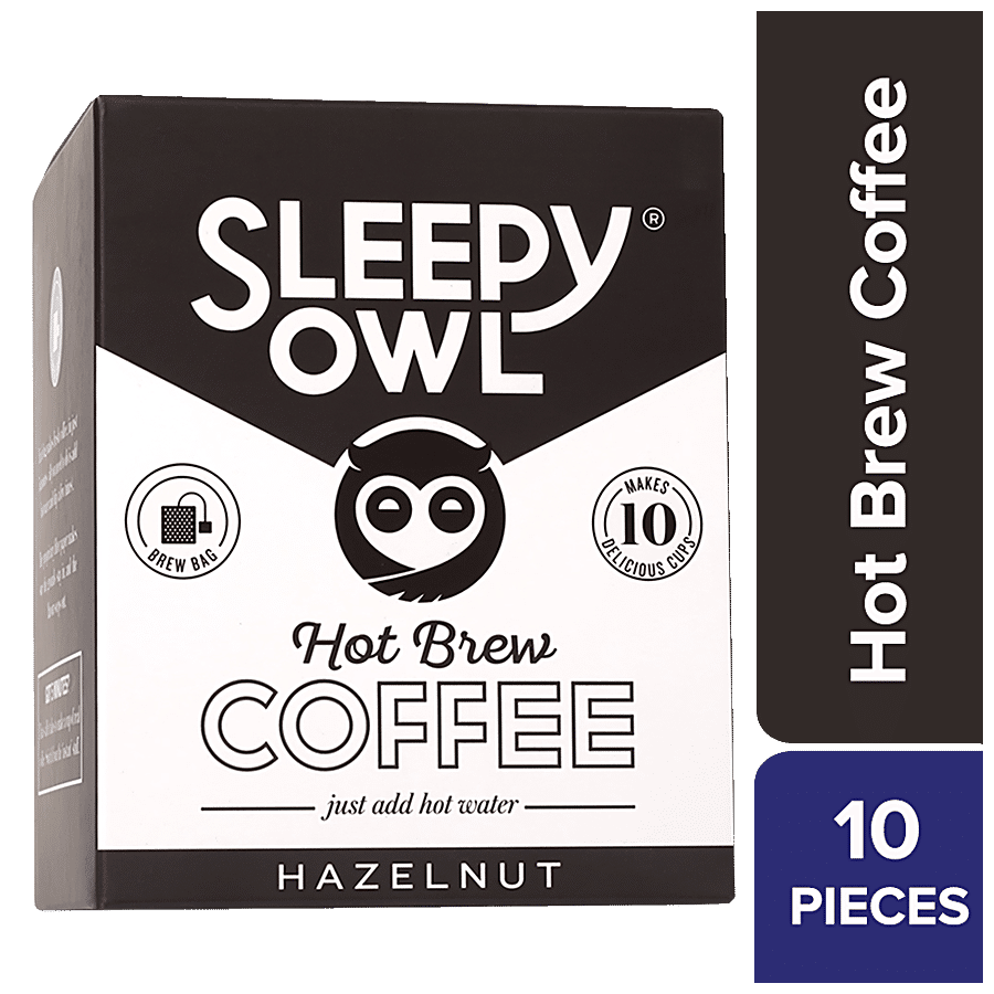 Sleepy Owl Hazelnut Hot Brew Bags, High Quality Arabica Beans Blend, Easy To Use, 100 G (10 Bags X 10 G Each)