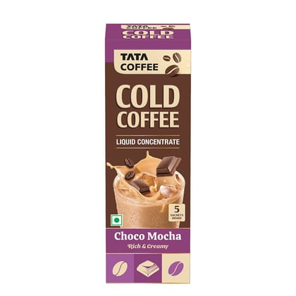 Tata Coffee Grand Tata Coffee Cold Coffee, Liquid Concentrate, 5 Sachets Brown, Choco Mocha, Deliciously Rich & Creamy, Caf, Style, Easy To Make, 3 Step Brew, No Equipment Needed