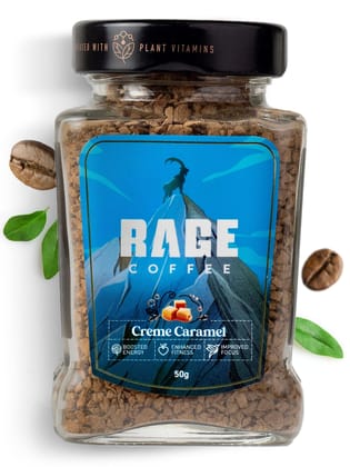 Rage Coffee Creme Caramel, Flavored Instant Coffee Powder For Both Hot & Cold Coffee, 100% Single Origin Arabica Coffee Beans Powder, Premium Coffee Infused With Plant Vitamins (Creme Caramel, 50G)