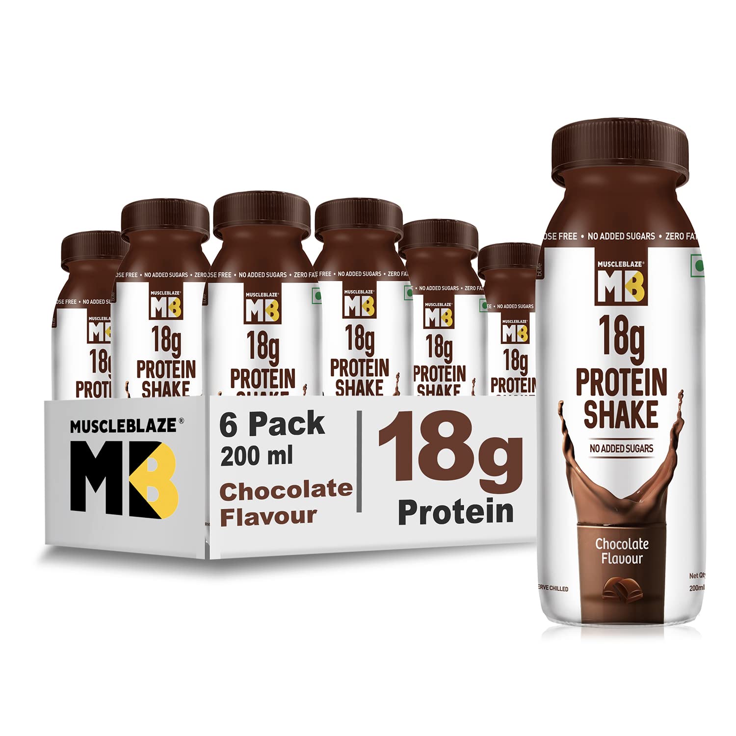 MuscleBlaze 18 G Protein Shake, No Added Sugar, Lactose Free, Weight Management, Chocolate, 200 Ml (Pack Of 6)
