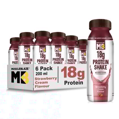 MuscleBlaze 18 G Protein Shake, No Added Sugar, Lactose Free, Weight Management, Strawberry Cream, 200 Ml (Pack Of 6)