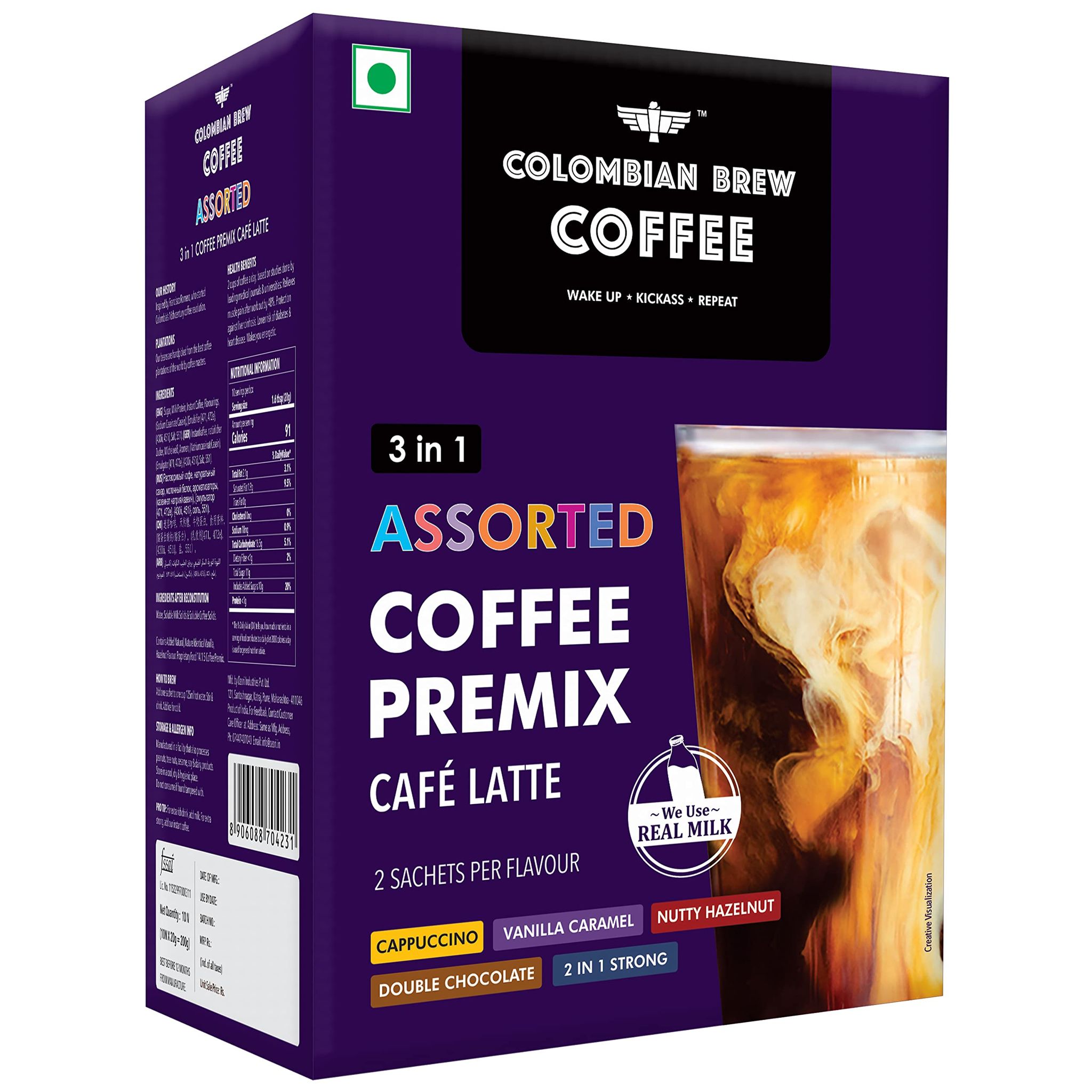 Colombian Brew Coffee Colombian Brew 3 In 1 Assorted Instant Coffee Premix Cappuccino, Nutty Hazelnut, Vanilla Caramel, Double Choco Mocha, 2 In 1 Strong, 2 Sachet Per Flavour