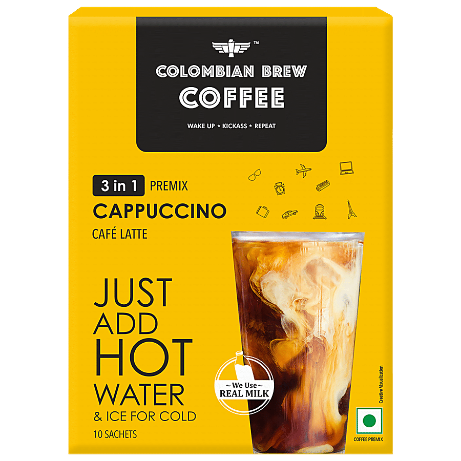 Colombian Brew Coffee 3 In 1 Cappuccino Cafe Latte Coffee Premix, 200 G (10 Sachets X 20 G Each)