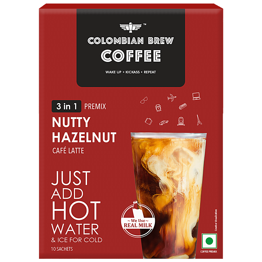 Colombian Brew Coffee 3 In1 Hazelnut Cafe Latte, Coffee Premix, 200 G (10 Sachets X 20 G Each)