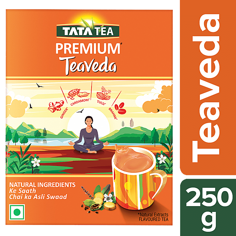 Tata Tea Premium Teaveda, Assam Tea Leaves With Elaichi Tulsi, Adrak & Brahmi, 250 G Pouch