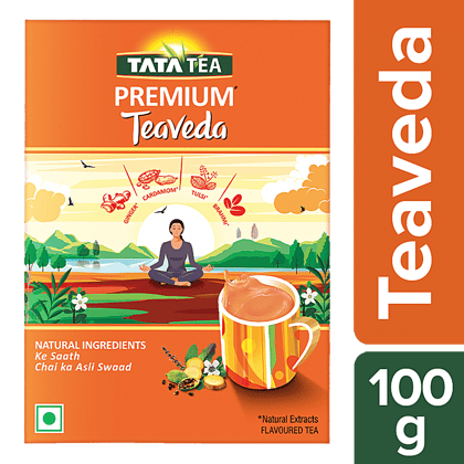 Tata Tea Premium Teaveda, Assam Tea Leaves With Elaichi Tulsi, Adrak & Brahmi, 100 G Pouch