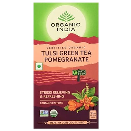 Organic India Organic Tulsi Green Tea, Pomegranate, Stress Relieving, 50 G (25 Bags X 2 G Each)
