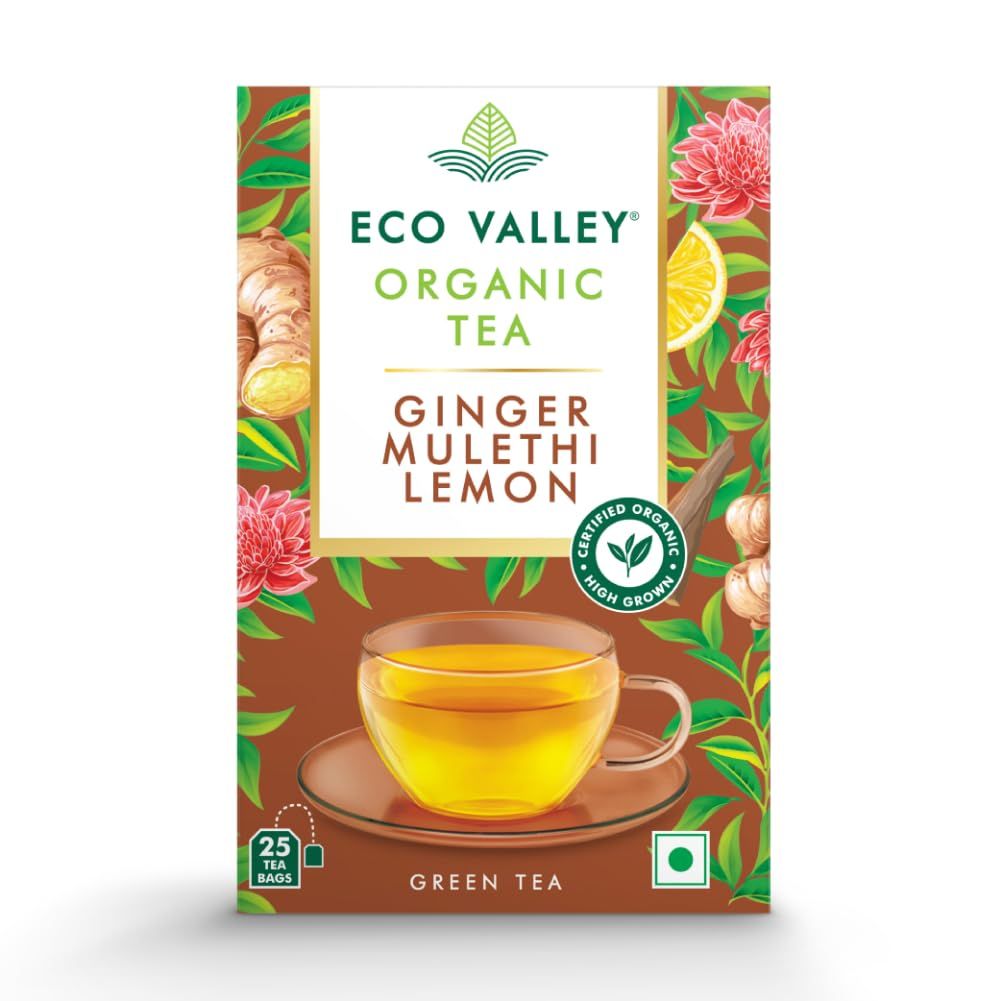 Eco Valley Organic Green Tea, Ginger Mulethi Lemon, 25 Tea Bags, Grown In Nilgiris, 42.5 Grams, Pack
