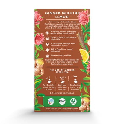 Eco Valley Organic Green Tea, Ginger Mulethi Lemon, 25 Tea Bags, Grown In Nilgiris, 42.5 Grams, Pack