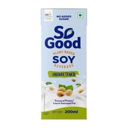 So Good Plant Based Soy Beverage Unsweetened 200 Ml, Lactose Free, No Added Sugar, Gluten Free, No Preservatives, Zero Cholesterol, Dairy Free |Non Gmo Soybean