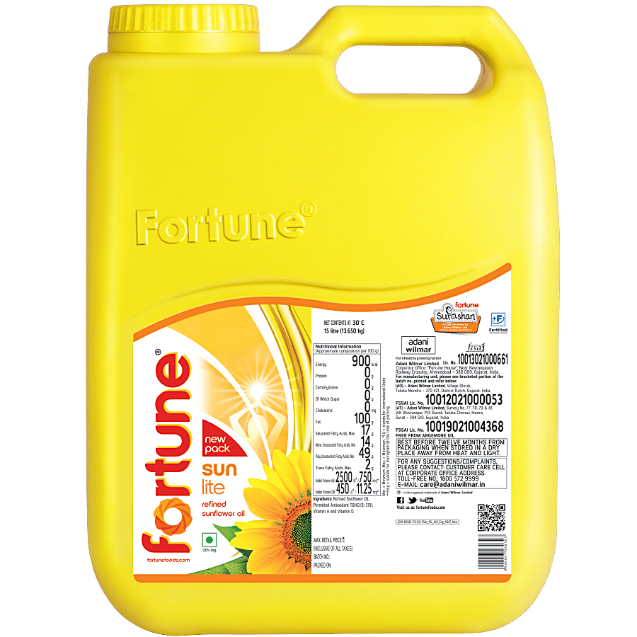 Fortune Sunlite Sunflower Refined Oil, 15 L Jar