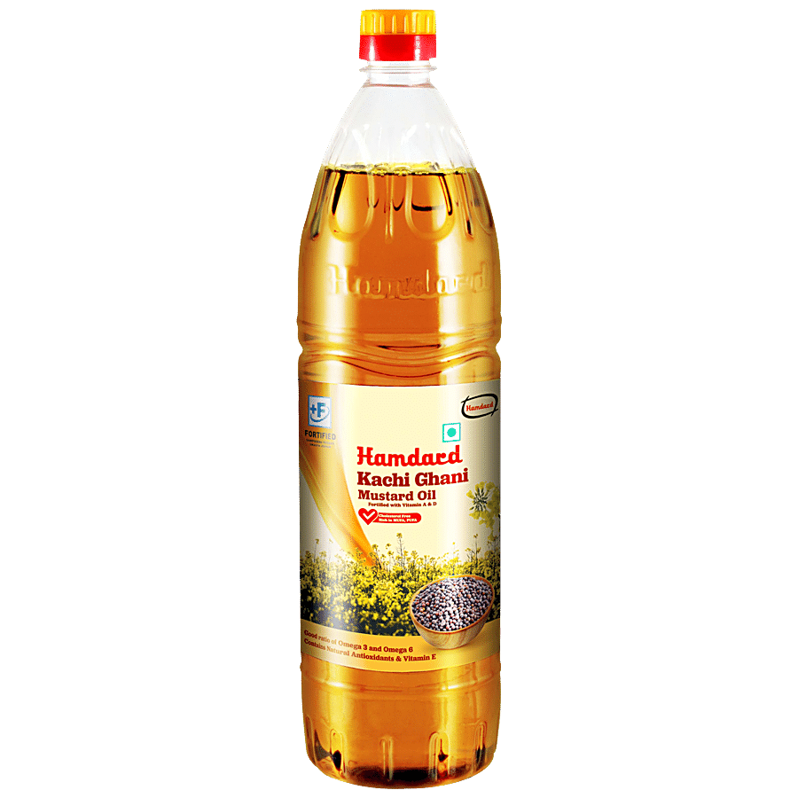 Hamdard Kachi Ghani Mustard Oil - Rich In Vitamin A & D, Omega Fatty Acids, Boosts Overall Health, 1 L Pet Bottle