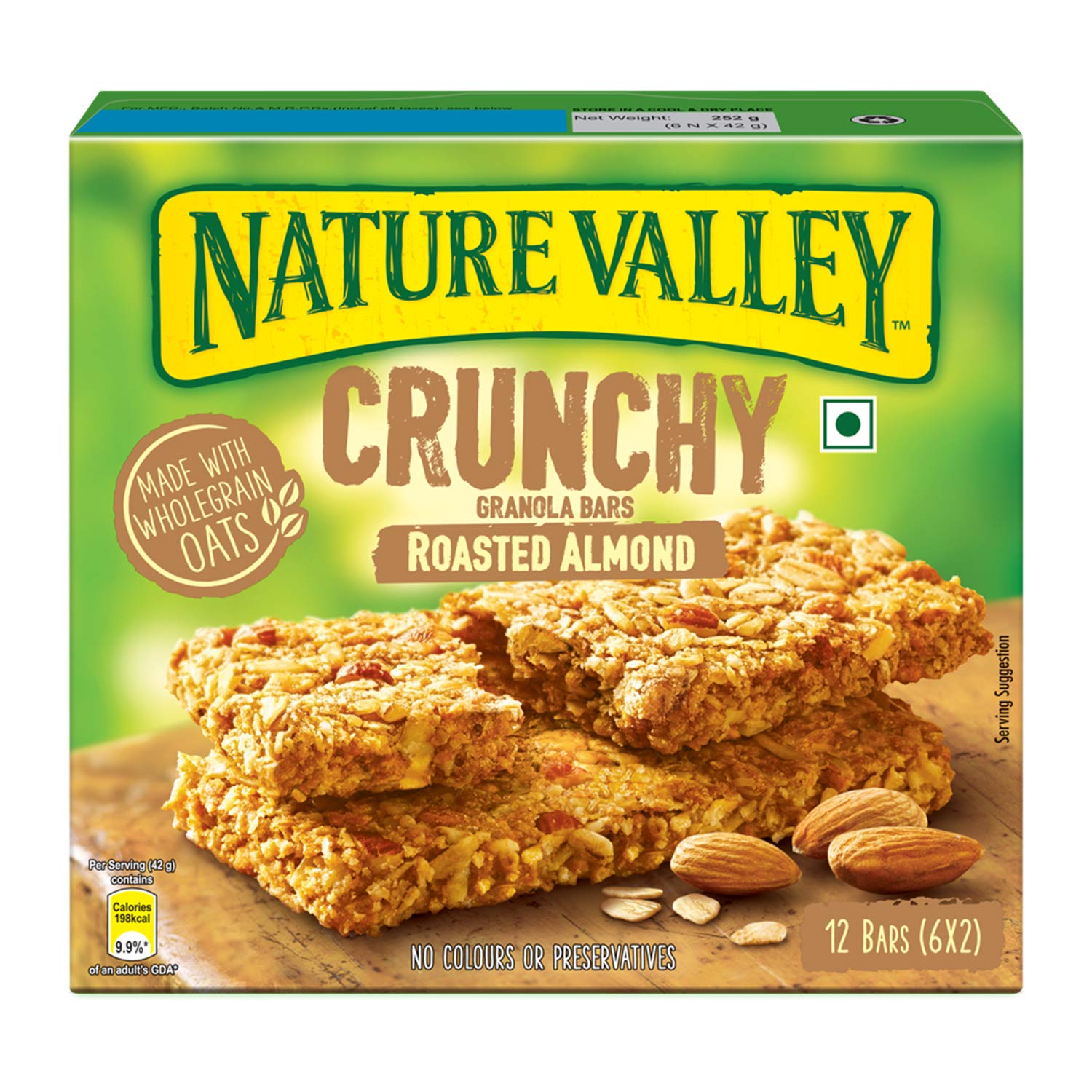 Nature Valley Crunchy Granola Bars | Multigrain Energy Bars| No Artificial Flavours | Containswhole Grain Oats & Roasted Almond, 252G (12 Bars)