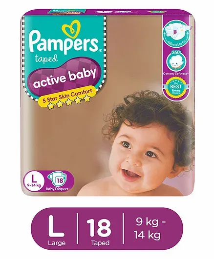 Pampers Active Baby Taped Diapers, Large Size Diapers (L) 18 Count, Taped Style Custom Fit