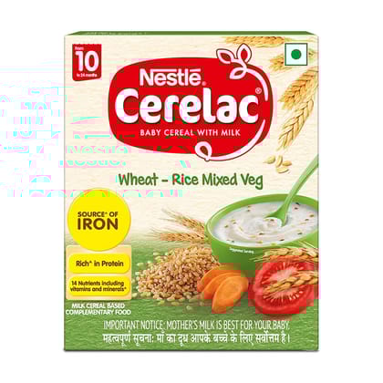 Nestle Cerelac Baby Cereal With Milk, Wheat, Rice Mixed Veg, From 10 To 24 Months, Stage 3, Source Of Iron & Protein, 300G