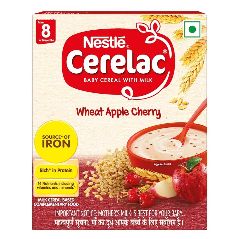 Nestle Cerelac Baby Cereal With Milk, Wheat Apple Cherry, Stage 2, From 8 To 24 Months, Source Of Iron & Protein, 300G