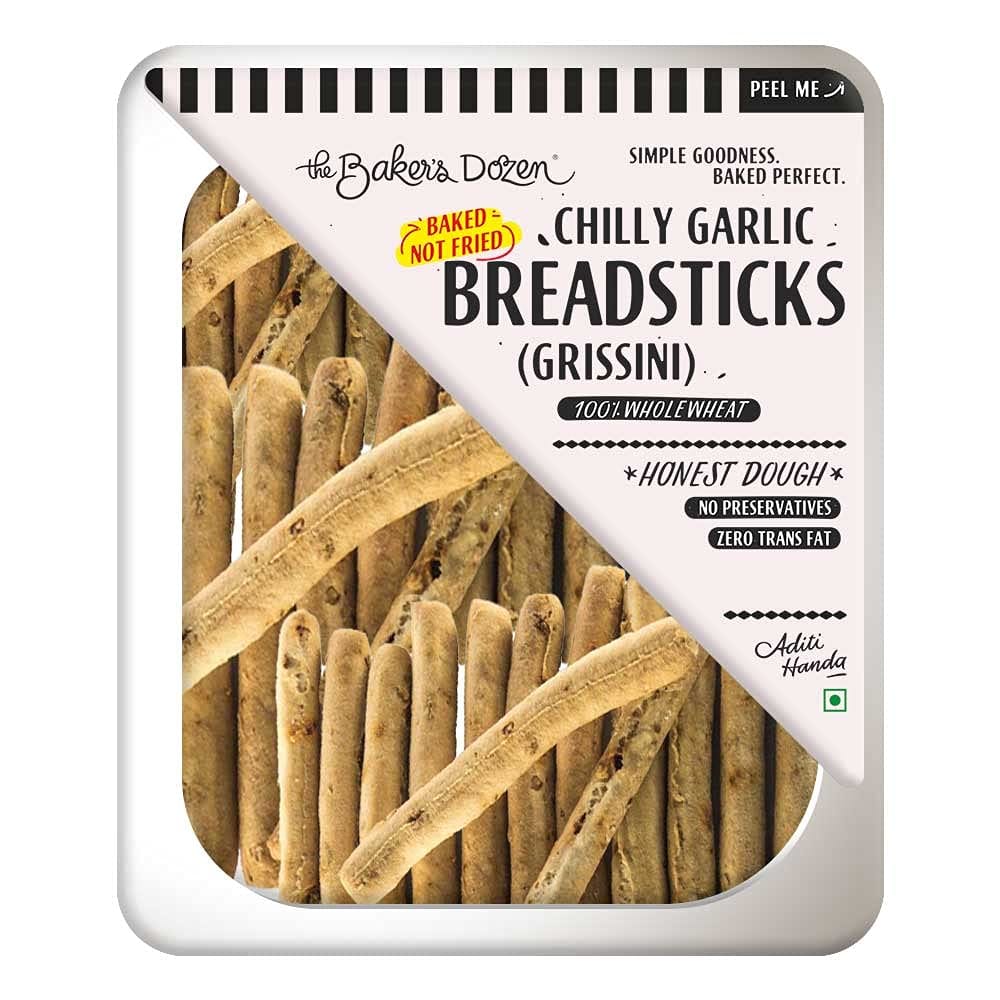 The Baker's Dozen Chilli Garlic Grissini Breadsticks, 100% Wholewheat, 100 G