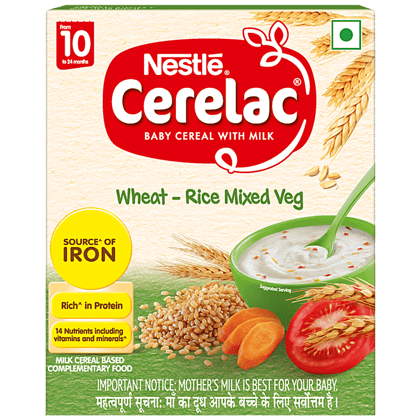 Nestle Cerelac Baby Cereal With Milk, Wheat, Rice Mixed Veg, From 10 To 24 Months, 300 G Bag, In, Box