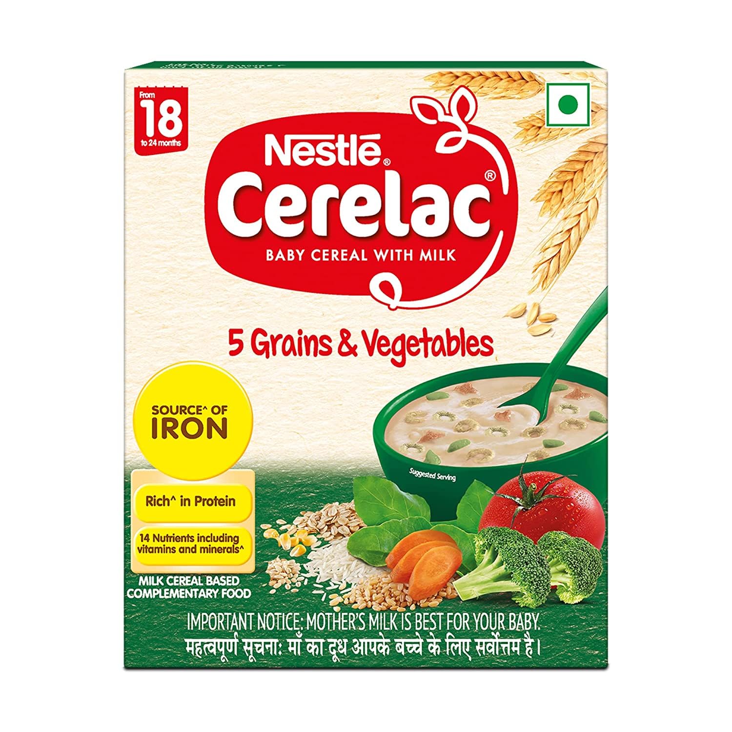 Nestle Cerelac Baby Cereal With Milk, 5 Grains & Vegetables, Stage 5, From 18 To 24 Months, Source Of Iron & Protein, 300G
