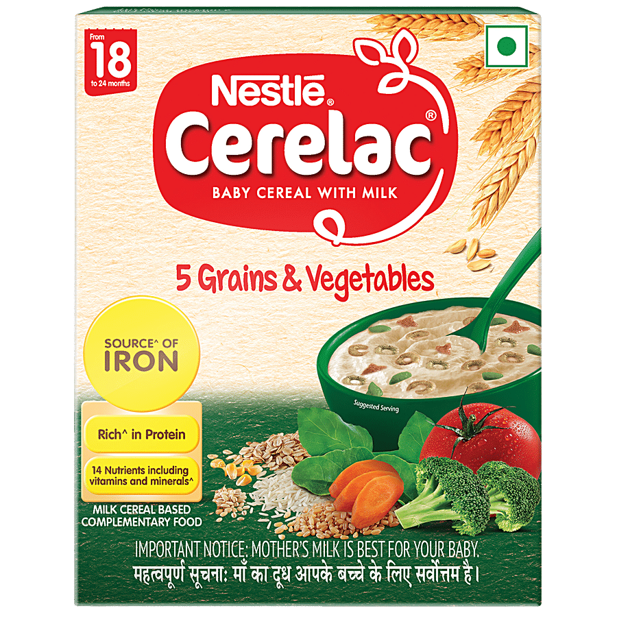 Nestle Cerelac Baby Cereal With Milk, 5 Grains & Vegetables, From 18 To 24 Months, 300 G Bag, In, Box