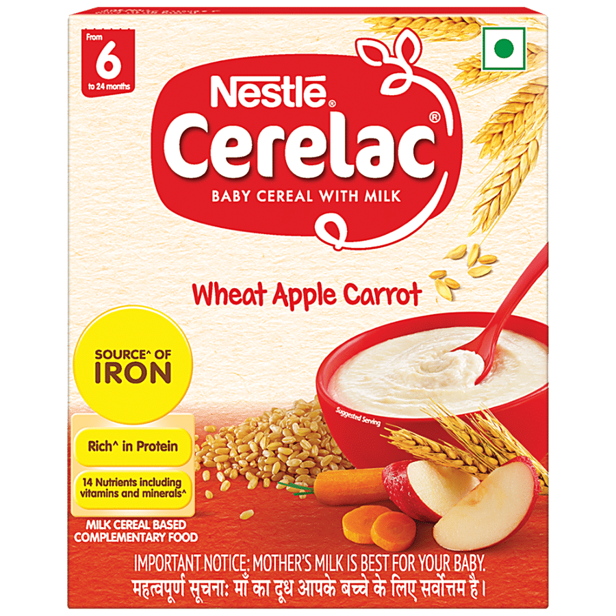 Nestle Cerelac Baby Cereal With Milk, Wheat Apple Carrot, From 6 To 24 Months, 300 G Bag, In, Box