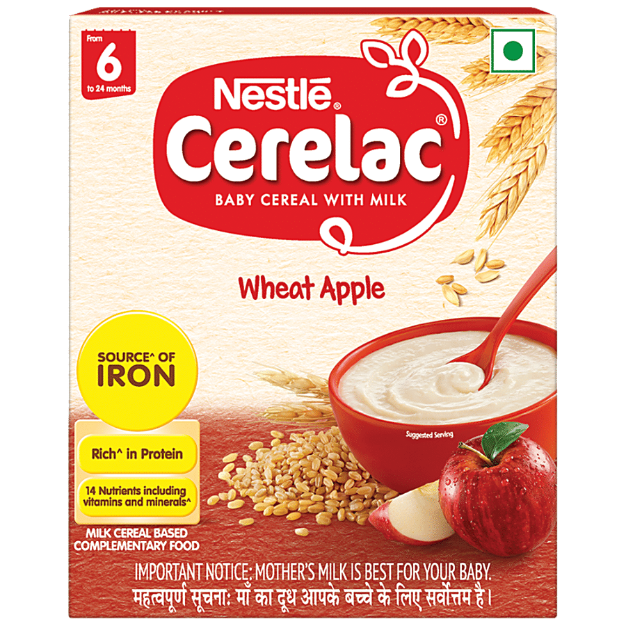 Nestle Cerelac Baby Cereal With Milk, Wheat Apple, From 6 To 24 Months, 300 G Bag, In, Box