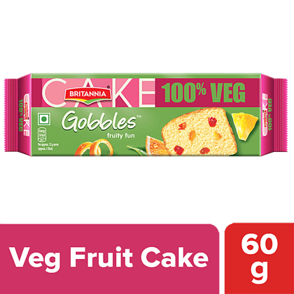 Britannia Gobbles 100% Veg Bar Cake, Fruit, Soft & Fluffy Snack, 60 G