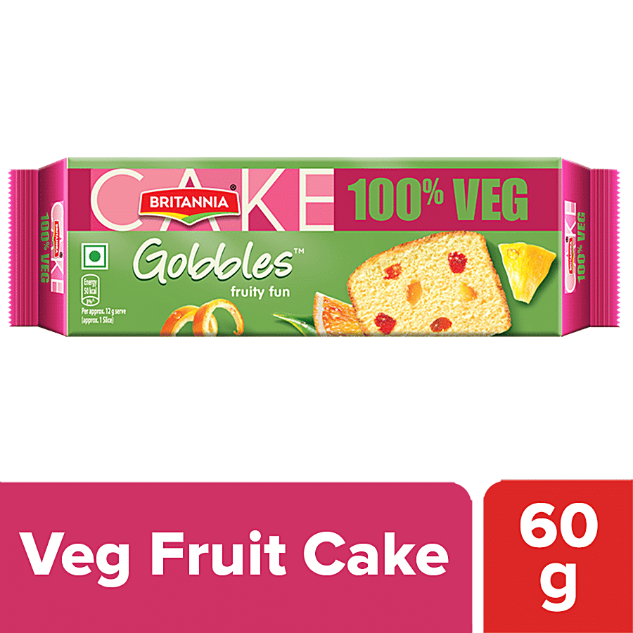 Britannia Gobbles 100% Veg Bar Cake, Fruit, Soft & Fluffy Snack, 60 G