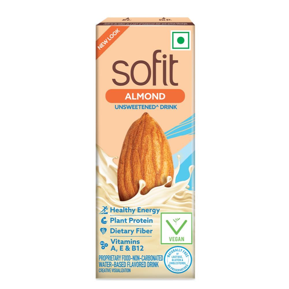 Sofit Almond Drink Unsweetened, 180Ml, Pack Of 2 (2 X 180Ml), Vegan Drink |Enriched With Plant Protein, Dietary Fibers, Vitamins And Calcium, Lactose Free, Gluten Free, Preservatives Free