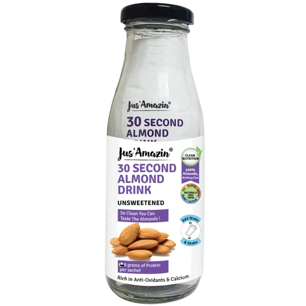 Jus' Amazin 30 Second Almond Drink, Unsweetened, 5X25G Sachets, 1 Sachet = 1 Glass Of Almond Milk, 5X More Almonds, 6G Protein/Glass, No Emulsifiers, Thickeners, Gums (0% Chemicals), Keto, Vegan