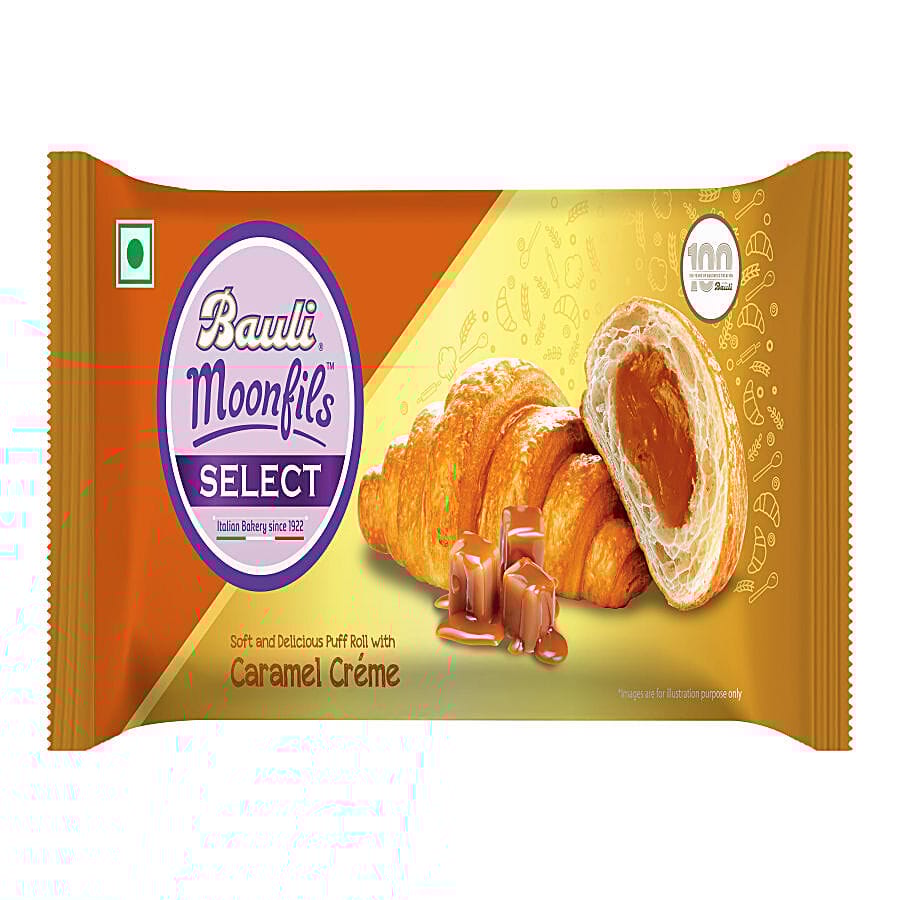 Bauli Moonfils, Puff Roll With Caramel Creme Filling, Soft & Delicious, 45 G