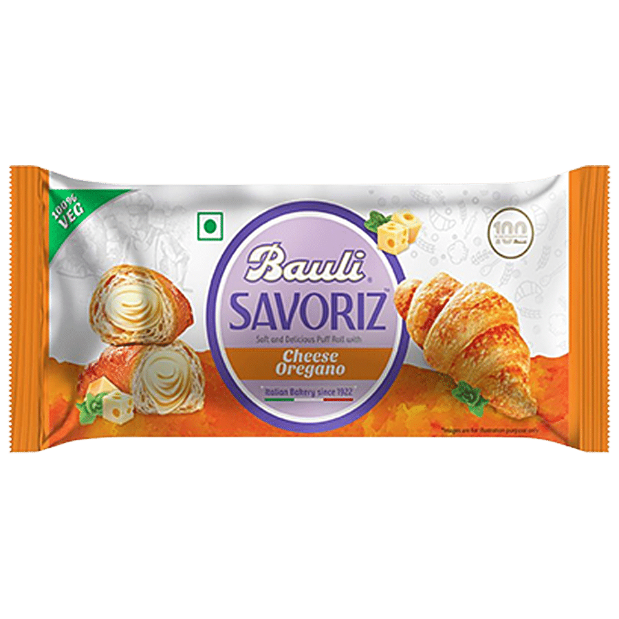Bauli Savoriz Puffed Roll, With Cheese Oregano, 100% Vegetarian, Soft & Creamy, 45 G Pouch