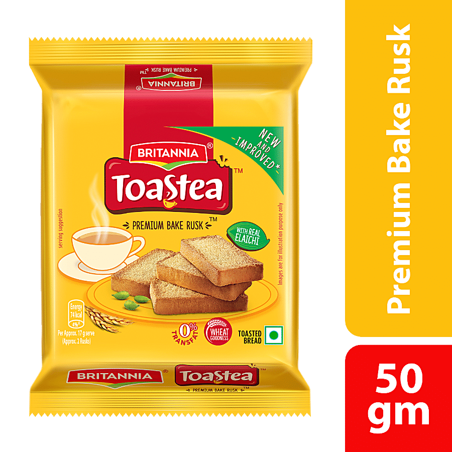 Britannia Toastea Premium Bake Rusk With Goodness Of Elaichi, Sooji & Wheat, 50 G