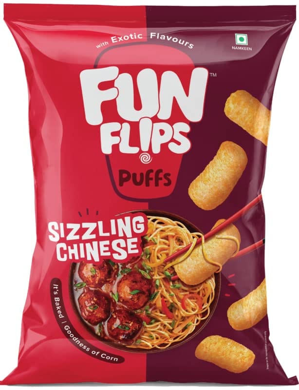 Fun Flips Puffs Sizzling Chinese Baked Crispy Yummy Tasty & Healthy Exotic Flavoured Snacks, 125 gm