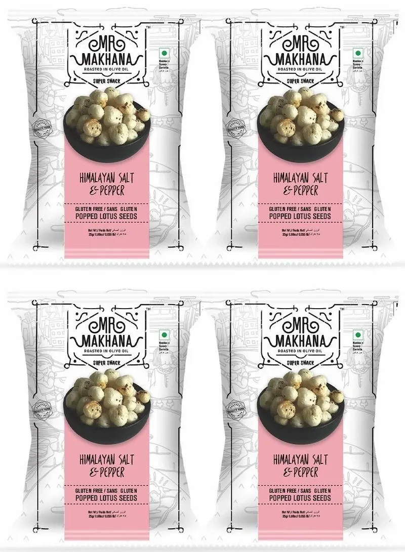 Mr. Makhana Gluten Free Himalayan Salt And Pepper Popped Lotus Seeds 25G, Pack Of 4
