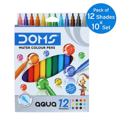 Doms Aqua Non-Toxic Watercolour Sketch Pen Set In Display Pack (12 Assorted Shades X 10 Set)
