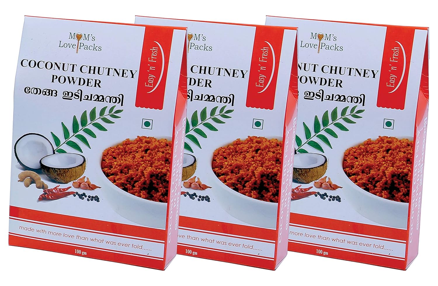 Mom's Love Packs Vegetarian Roasted Coconut Chutney Powder 100gm - (Pack of 3)