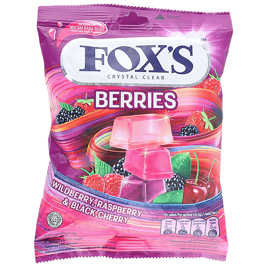 Nestle Fox Crystal Clear Berries Candy - With Black Cherry, Wild & Rasp Berry, 90 G Pouch