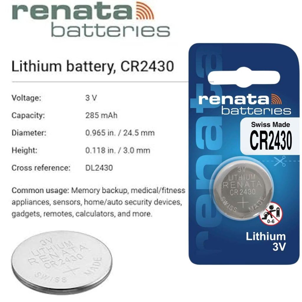 Renata CR2430 Lithium Coin Cell Battery 3V, Swiss Made Type C Battery Suitable for Key fobs, Scales Wearables & Medical Devices Fresh Stock (Pack of 2)