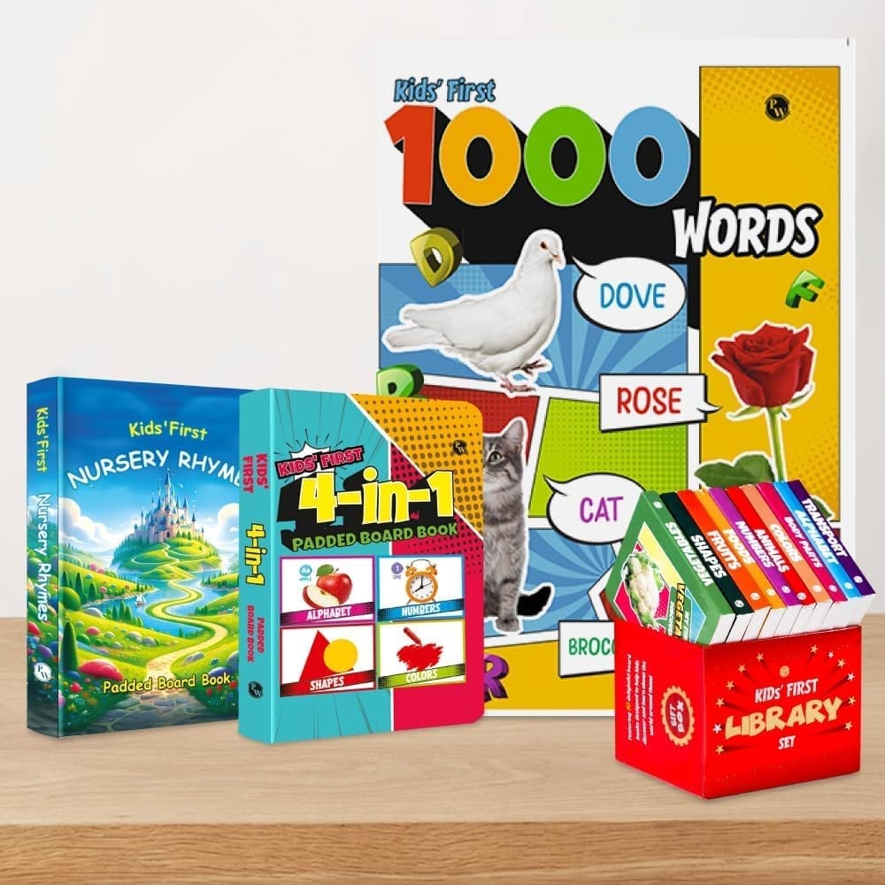 PW Kids Combo Set of 4 | First Library Box of 10 Board Books + Kids First Nursery Rhymes Padded Board Book + Kids First 4 in 1 Padded Board Book + First 1000 Words Book | Gift for Children Age 1, 2, 3, 4, 5 Years