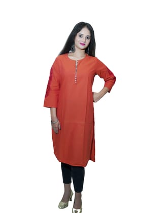 Women's pure cotton straight rust orange color embellished kurta Women's pure cotton straight rust orange color embellished kurta