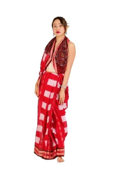 GHL Guendicha haat Sambalpuri Handloom Certified Pure Cotton Athakutha Design Saree With Blouse Piece (Red, 6.30 Mtr)