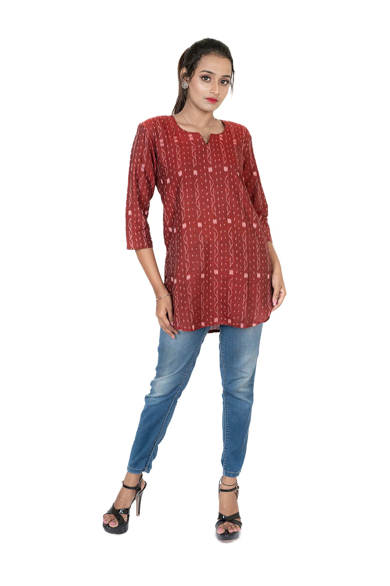 GHL GUENDICHA HAAT Sambalpuri Certified Handloom Women's Pure Cotton Round Neck Kurta Brown