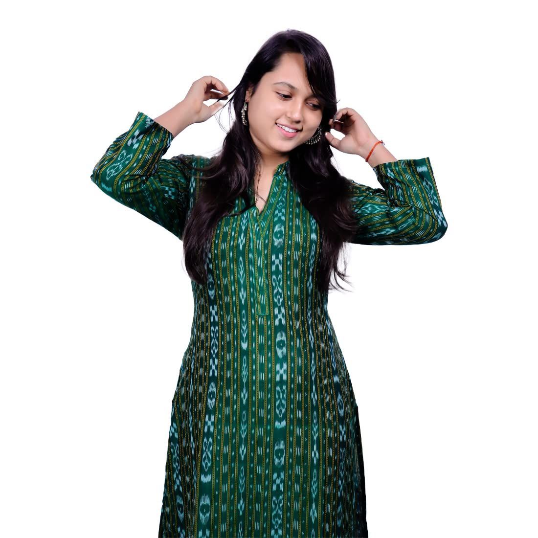 GHL GUENDICHA HAAT Sambalpuri Certified Handloom Women's Pure Cotton High Neck Kurta Green