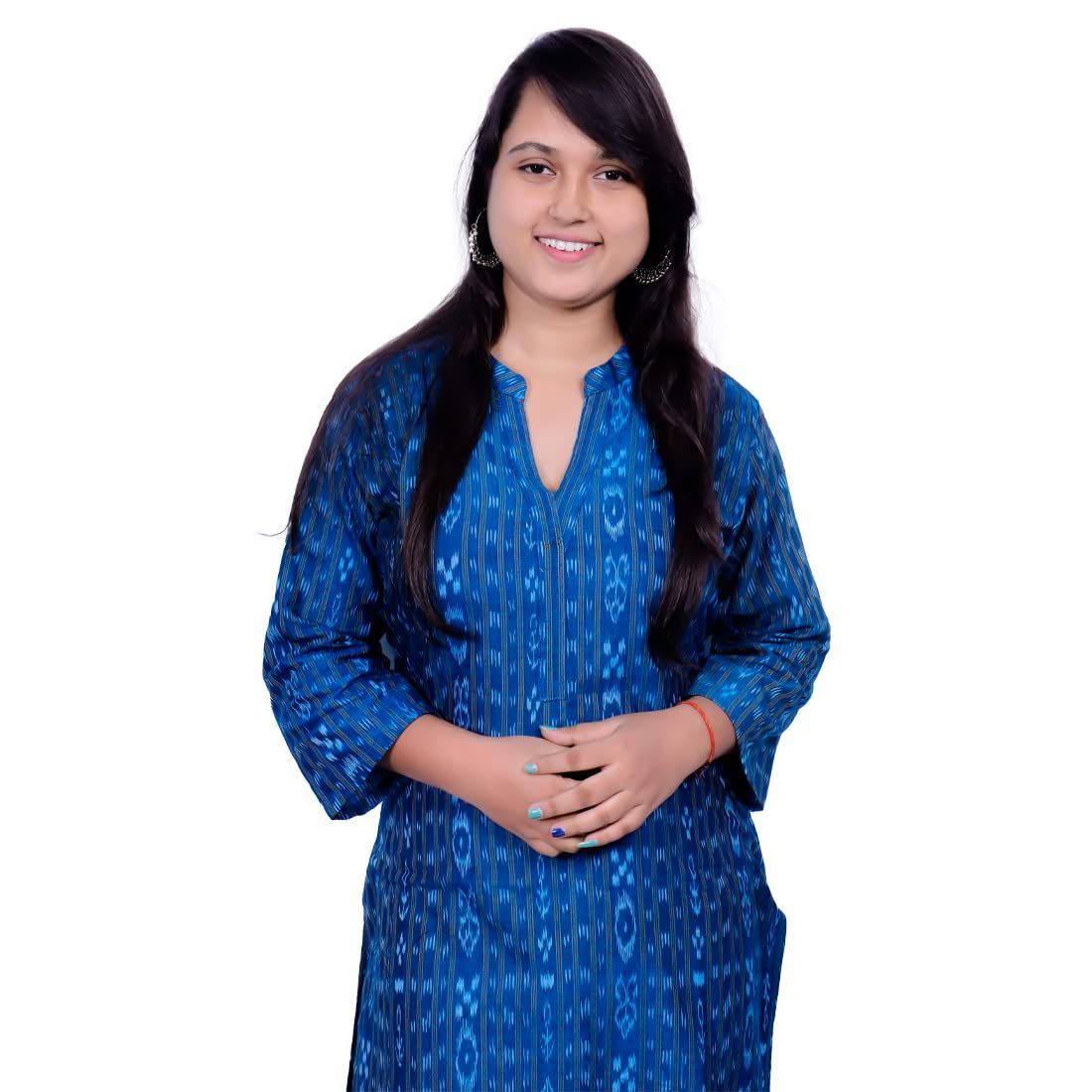 GHL GUENDICHA HAAT Sambalpuri Certified Handloom Women's Pure Cotton High Neck Kurta Blue