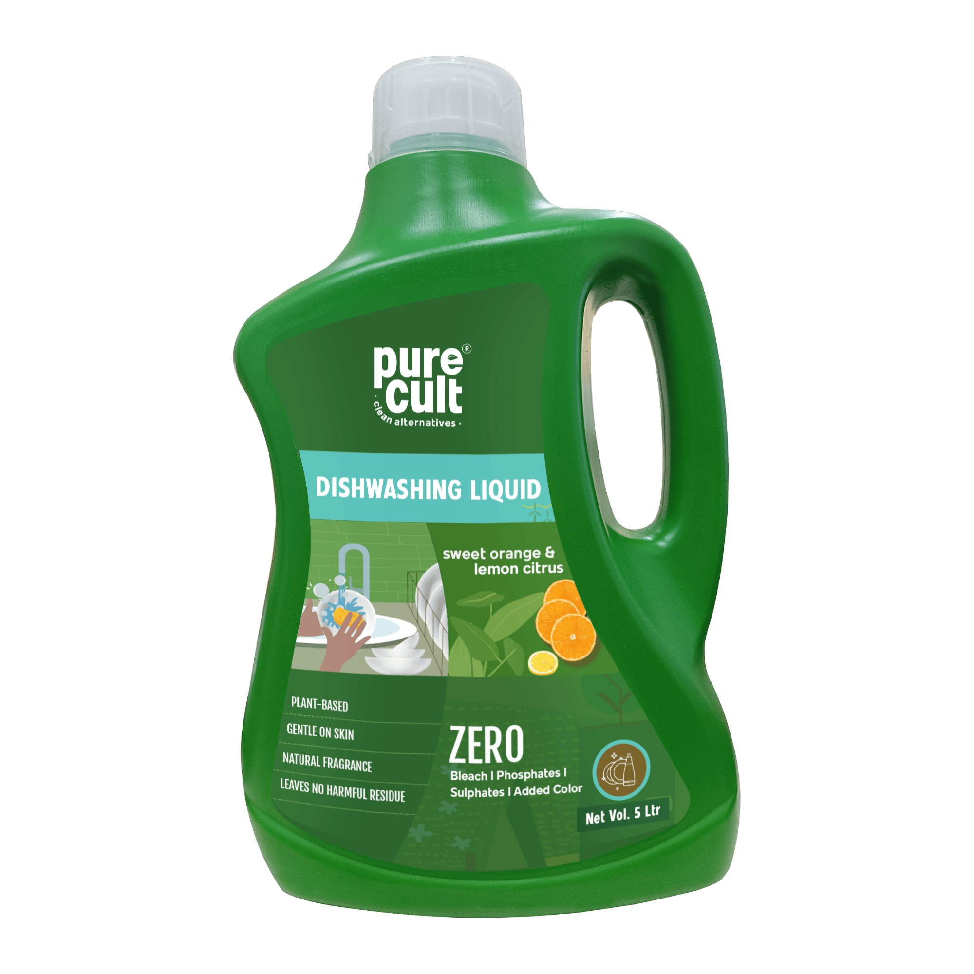 PureCult Dishwash Liquid (5000 ml) | Infused with Sweet Orange and Lemon Essential Oil | Plant Based and Biodegradable Surfactant