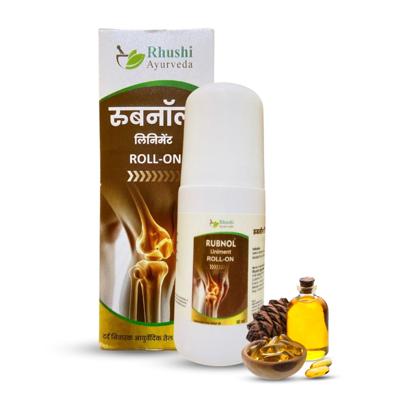 Rhushi Ayurved Rubnol Ayurvedic Pain Relief Roll On for Joint Pain, Backache, Arthritis, Sprains and Muscle Stiffness - 60ml