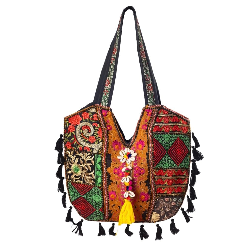 Bohemian Embroidered Tote Shoulder Bag with Tassels, Handmade Ethnic For Women
