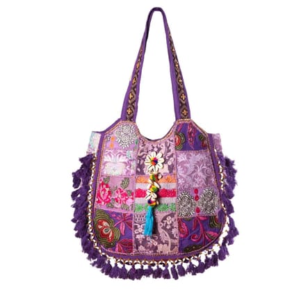 Rajasthani Patchwork Tote Bag, Handcrafted Purple Boho Chic-Cross Body Hand Bag For Women